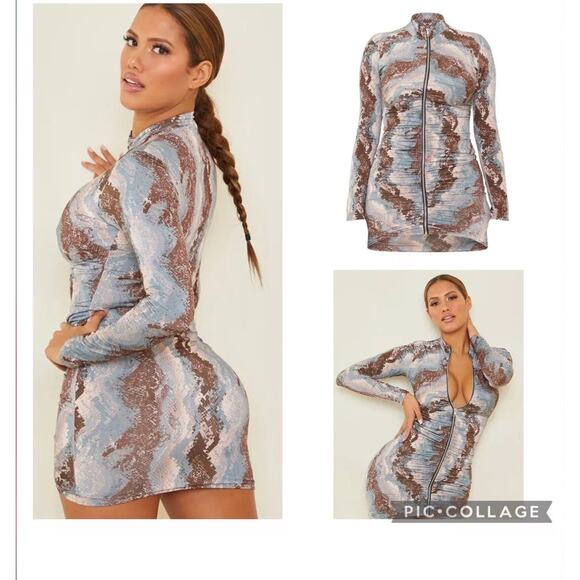 Prettylittlething Blue Snake Print Slinky Zip Front Collar Bodycon Dress Size 4 - Picture 12 of 12
